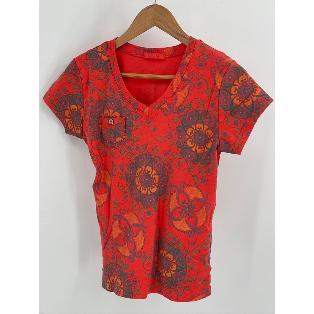 Fresh Produce T Shirt Women's Small Orange Floral Short Sleeve V Neck‎